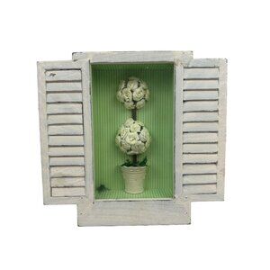 Distressed Wood Shadow Box With Shutter Design & Floral Accent Decoration